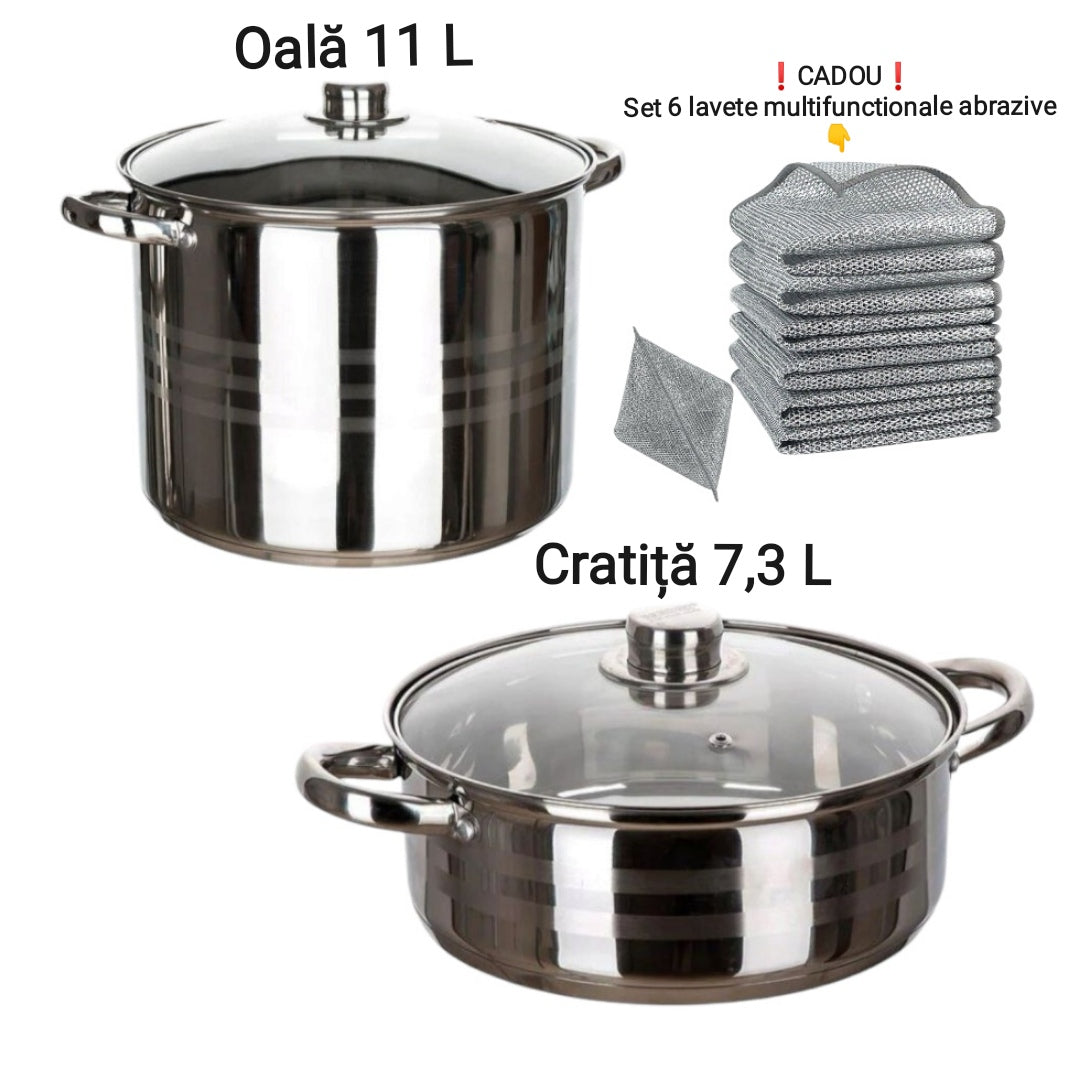 Oala Inox 11 litri si Cratita 7,3 litri cu capac Fund Multistrat Royalty Line Premium + Set 6 Lavete Multifunctionale Cadou