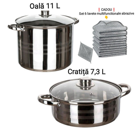 Oala Inox 11 litri si Cratita 7,3 litri cu capac Fund Multistrat Royalty Line Premium + Set 6 Lavete Multifunctionale Cadou