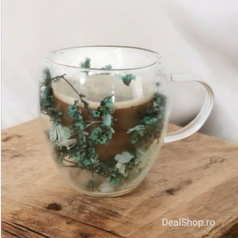 Set 4 Cesti Cafea din Sticla Termorezistenta cu Pereti Dubli si Model Flori Uscate Verde 250 ml