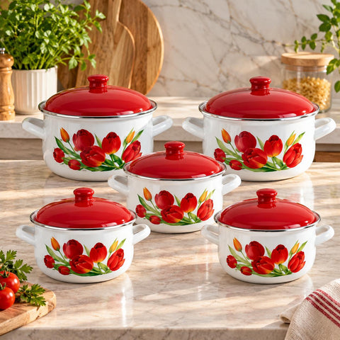 Set 5 oale emailate cu capac Arian cantitate 2 l, 2,8 l, 3,8 l, 4,8 l, 6,2 l, model lalele 463