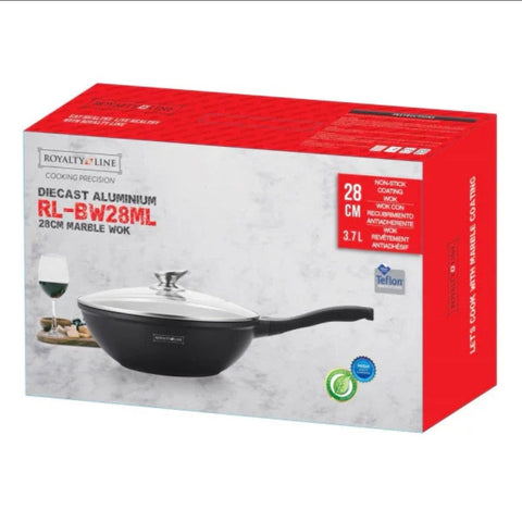 Tigaie Wok cu Capac Royalty Line RL-BW28ML 28 cm 3,7L – Interior Marmură Antiaderent Gătit Rapid și Sănătos