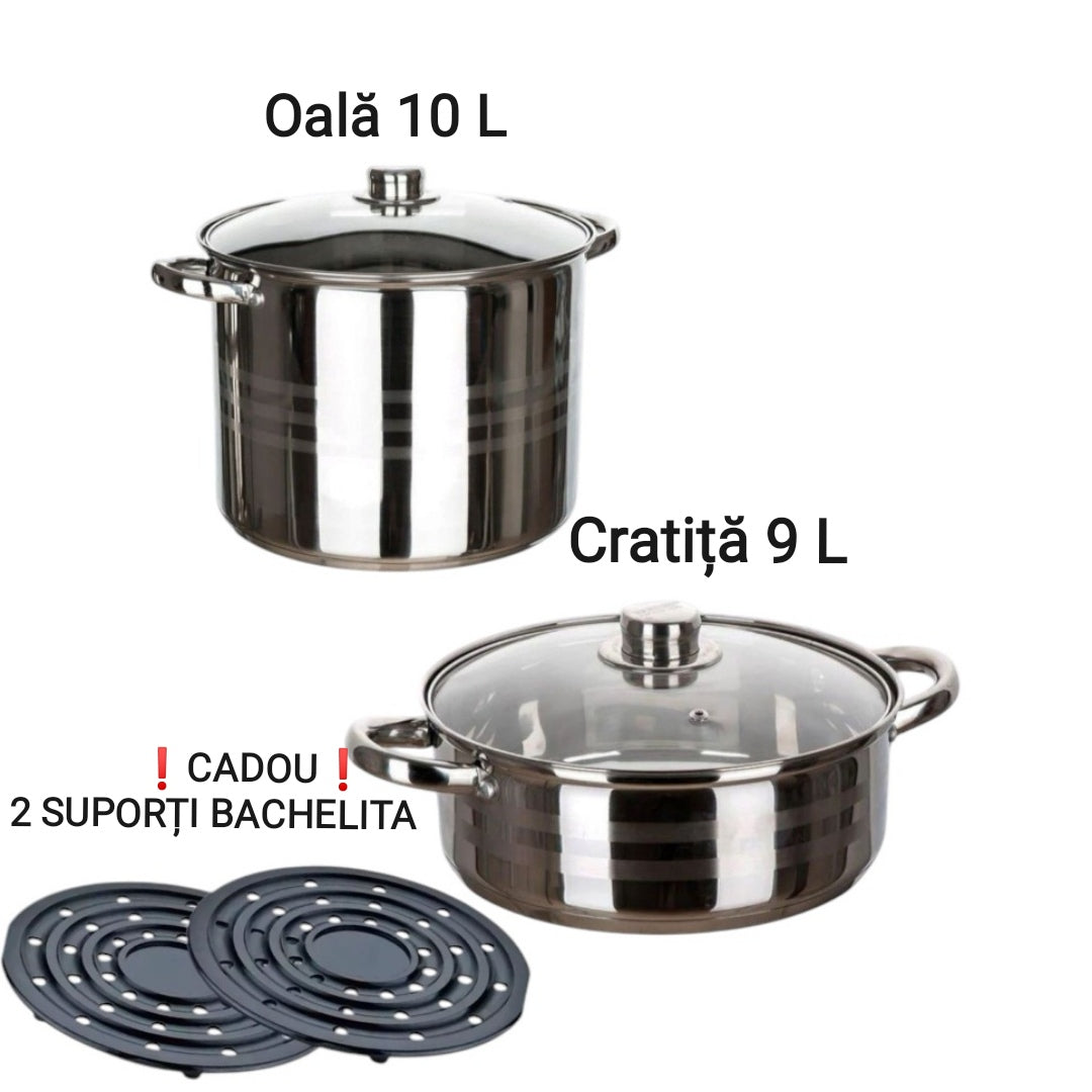 Set Oala inox 10 litri si Cratita inox 9 litri cu Capac Fund Multistrat Royalty Line Premium + 2 Suporti din banchelita pentru Oale Cratite Cadou