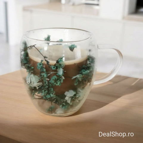 Set 4 Cesti Cafea din Sticla Termorezistenta cu Pereti Dubli si Model Flori Uscate Verde 250 ml