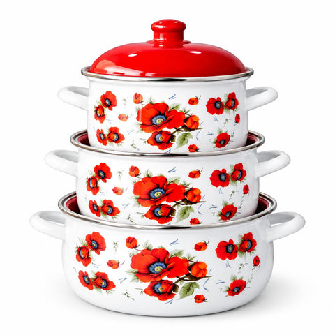 Set 3 Oale Emailate Bucatărie cu Capac – 3,8L, 4,8L, 6,2L – Model Maci Roșii 591