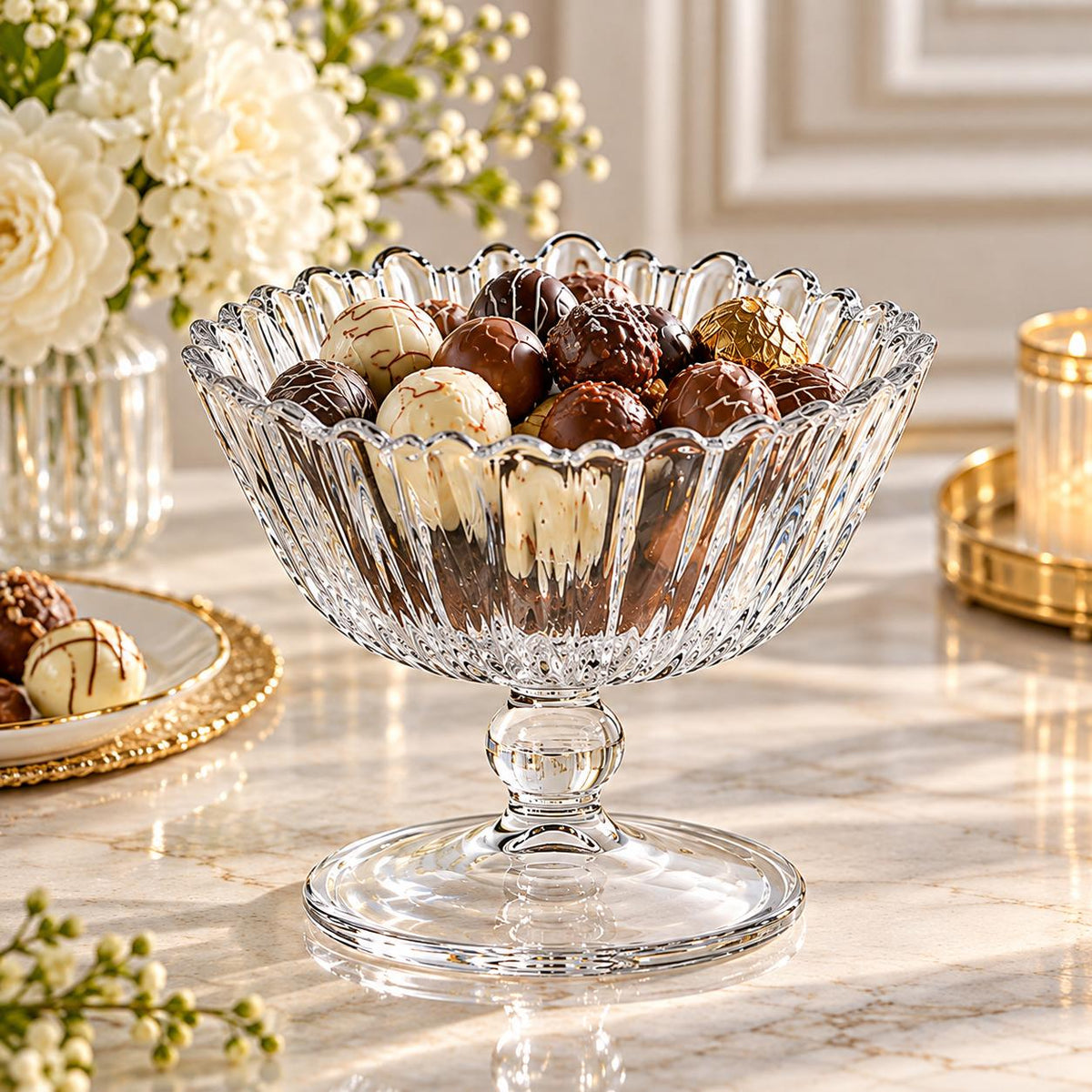 Bombonieră cu picior Pasabahce Aurora 14 cm din sticlă, bol pentru dulciuri, fructe și desert design elegant striat