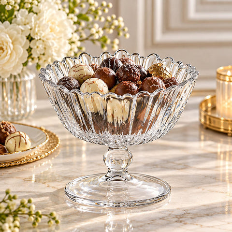 Bombonieră cu picior Pasabahce Aurora 14 cm din sticlă, bol pentru dulciuri, fructe și desert design elegant striat