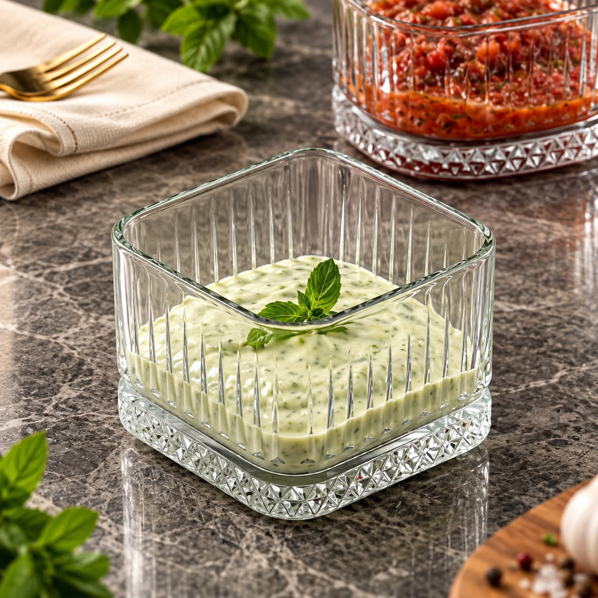Set 4 boluri Elysia 235 ml din sticlă – boluri pentru desert, gustări și sosuri, design elegant