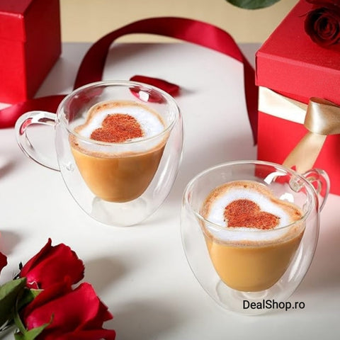 Set 4 cesti cafea Pereti Dubli Sticla Termorezistenta, Model Inima 180 ml coffee capucino latte espresso