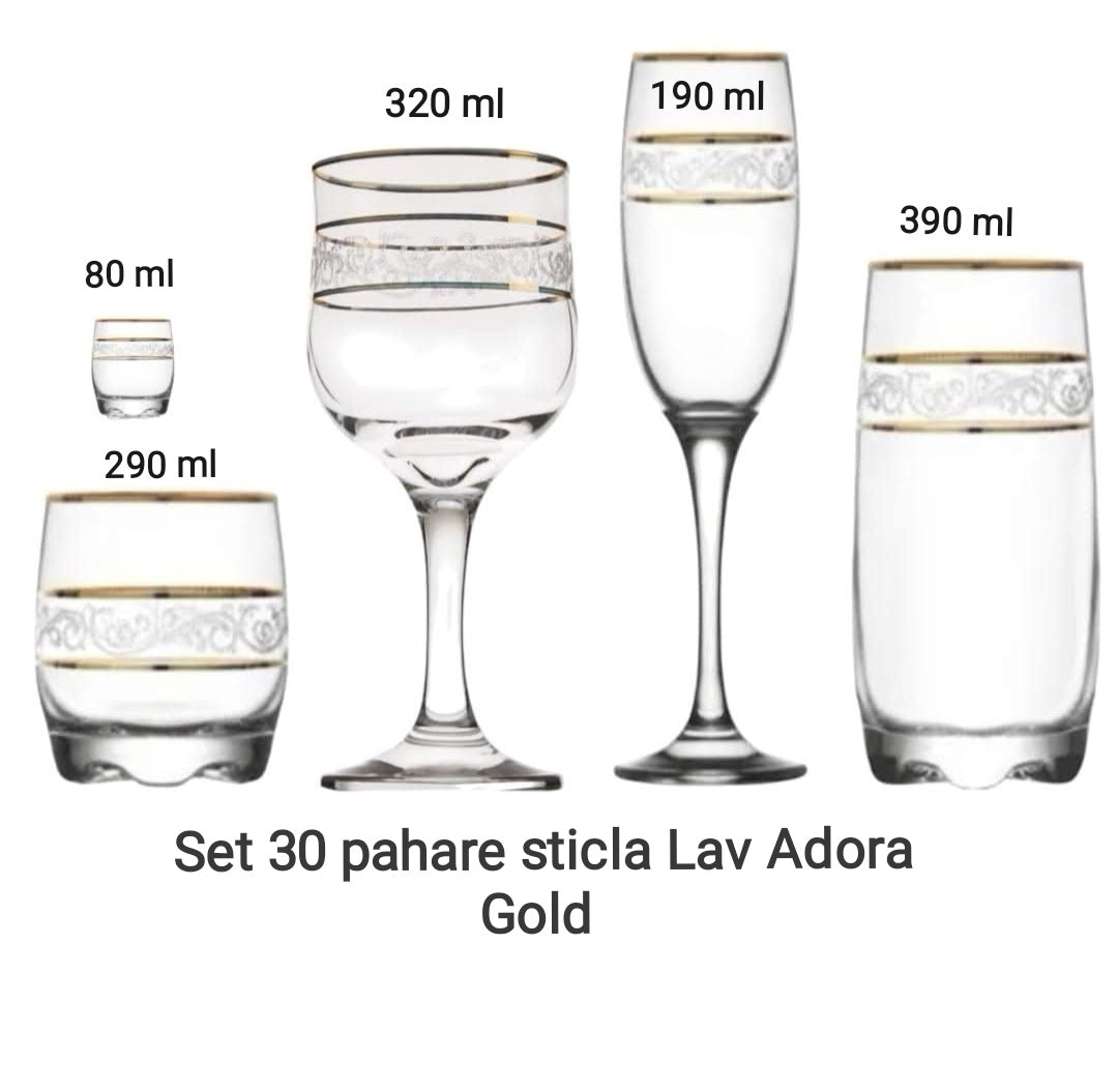 Set 30 pahare sticla Lav Adora Gold 80 ml 290 ml 390 ml 190 ml si 320 ml Ideale TERASA EVENIMENTE SAU CADOUL PERFECT