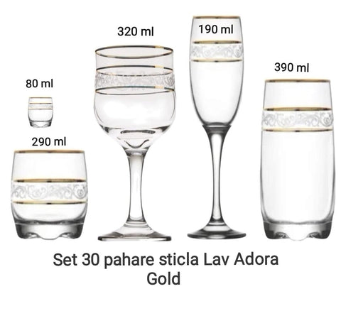 Set 30 pahare sticla Lav Adora Gold 80 ml 290 ml 390 ml 190 ml si 320 ml Ideale TERASA EVENIMENTE SAU CADOUL PERFECT