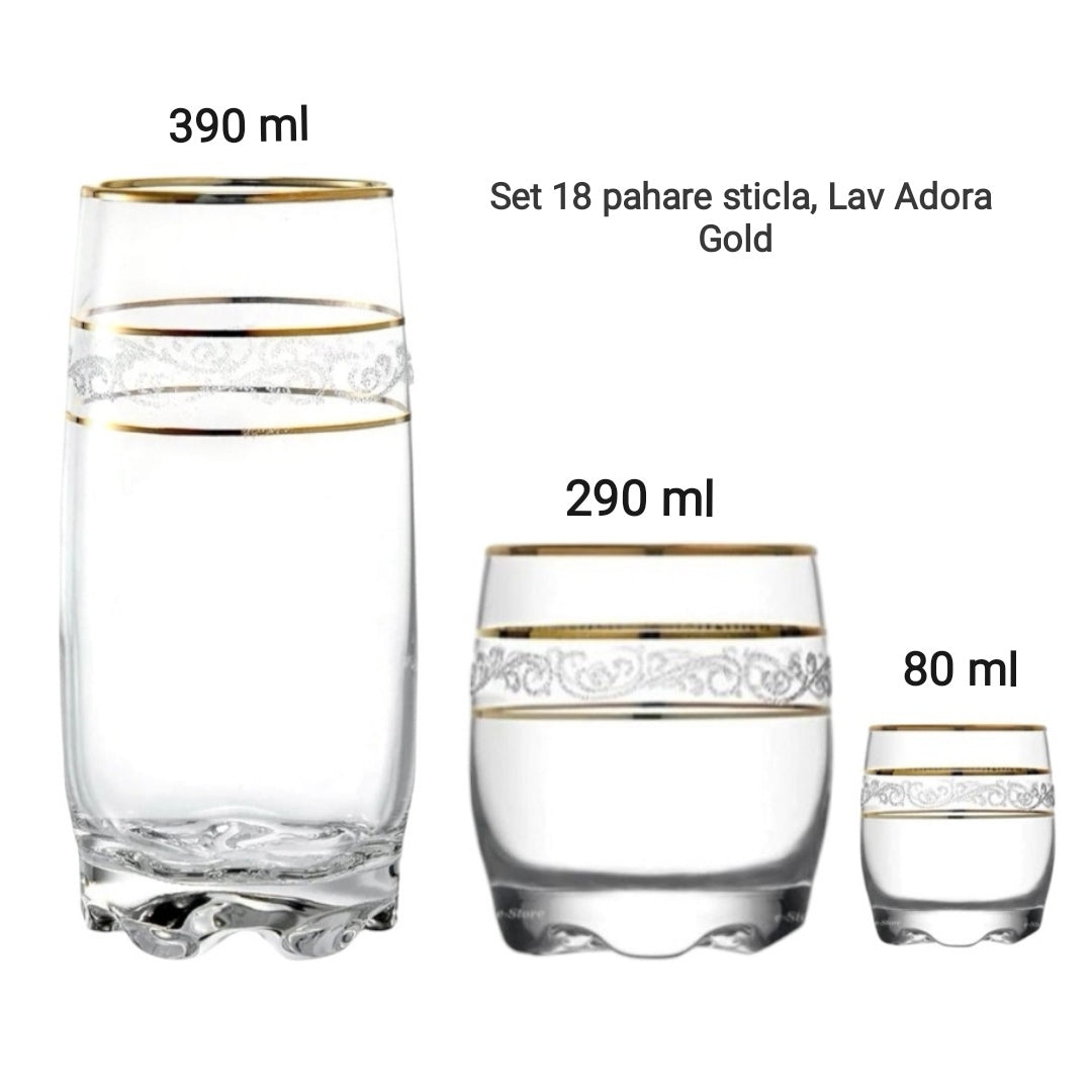 Set 18 pahare sticla, Lav Adora Gold 80 ml 290 ml si 390 ml pt terasa piscina evenimente CADOUL PERFECT