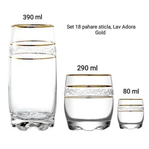 Set 18 pahare sticla, Lav Adora Gold 80 ml 290 ml si 390 ml pt terasa piscina evenimente CADOUL PERFECT