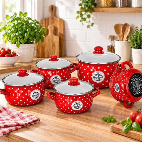 Set 5 oale emailate cu capac din sticla cantitate 2 l, 2,8 l, 3,8 l, 4,8 l, 6,2 l, Bon Apetit 782