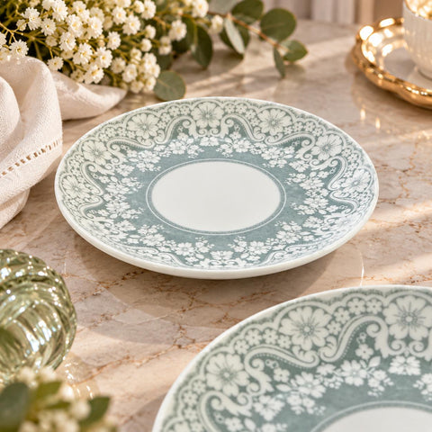 Serviciu de masa 6 persoane 24 piese porțelan „Verde Vintage”  set farfurii și boluri Design Floral Elegant 63