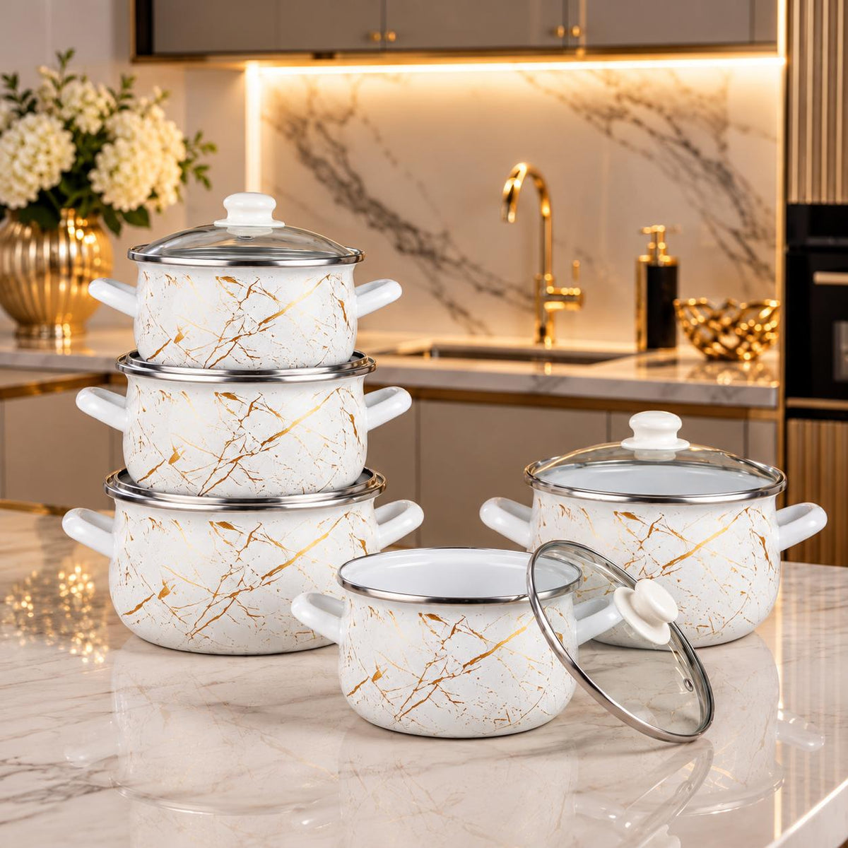 Set 5 oale emailate Ivory cu capace din sticla 10 piese, compatibil inducție, 2.1 L, 2.8 L, 3.8 L, 4.8 L și 6.2 L