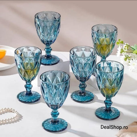 Set de 12 pahare din sticla cu picior 350 ml blue terasa piscina evenimente CADOUL PERFECT