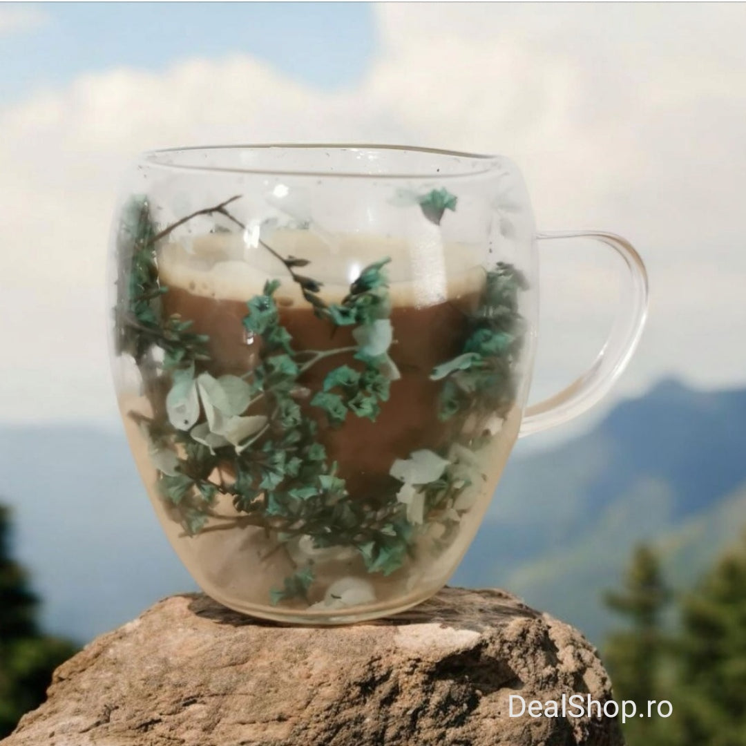 Set 12 cești cafea Pereti Dubli Sticla Termorezistenta, Model Flori Uscate Verde, 250 ml