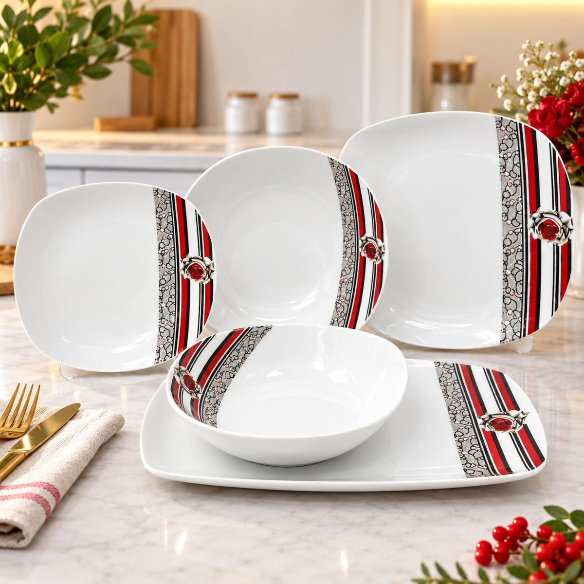 Serviciu de Masa Portelan Elegant Line 20 Piese pentru 6 Persoane Farfurii Patrate Design Modern Roșu-Negru TL 173-2