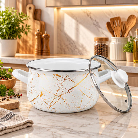 Set 5 oale emailate Ivory cu capace din sticla 10 piese, compatibil inducție, 2.1 L, 2.8 L, 3.8 L, 4.8 L și 6.2 L
