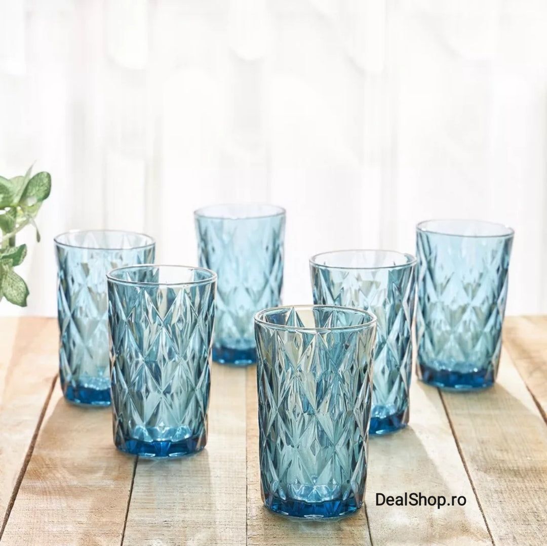 Set de 12 pahare din sticla, 400 ml blue pt terasa piscina evenimente CADOUL PERFECT