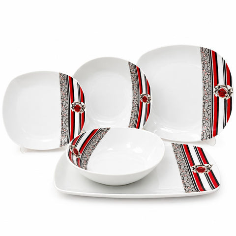 Serviciu de Masa Portelan Elegant Line 20 Piese pentru 6 Persoane Farfurii Patrate Design Modern Roșu-Negru TL 173-2