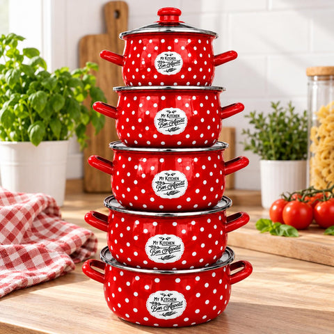 Set 5 oale emailate cu capac din sticla cantitate 2 l, 2,8 l, 3,8 l, 4,8 l, 6,2 l, Bon Apetit 782