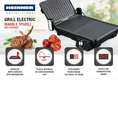 Gratar/grill electric cu 2 placi,Heinner HEG-F20002P, 2000 W deschidere 105° si 180°, invelis marmura anti-adeziv Grill electric Negru