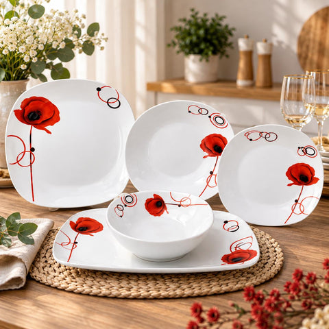 Serviciu de Masa Porțelan Elegant Maci 20 Piese pentru 6 Persoane Farfurii Pătrate cu flori roșii TL 173-1