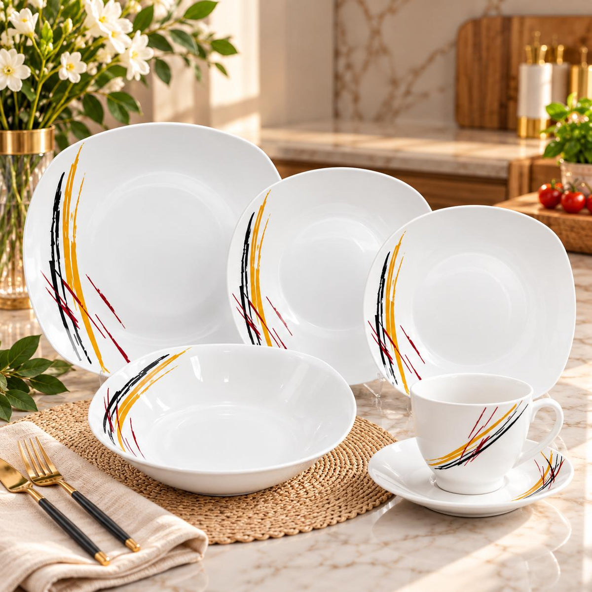 Serviciu de Masa 6 persoane din Porțelan 31 Piese cu Cesti Cafea Model Abstract Elegance TL 173-6