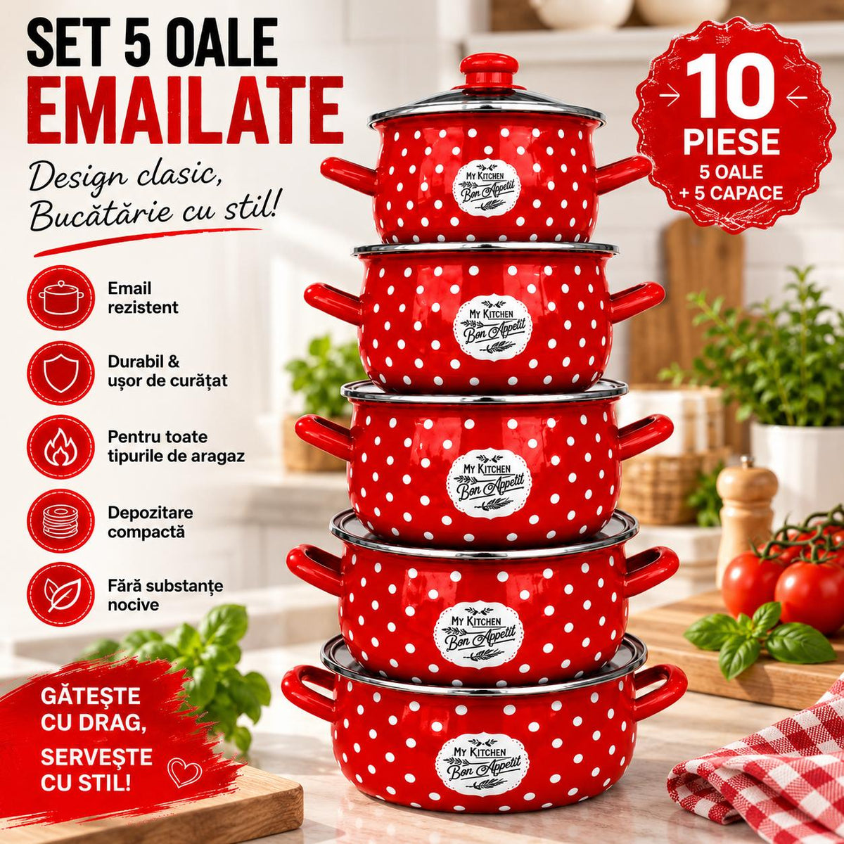 Set 5 oale emailate cu capac din sticla cantitate 2 l, 2,8 l, 3,8 l, 4,8 l, 6,2 l, Bon Apetit 782