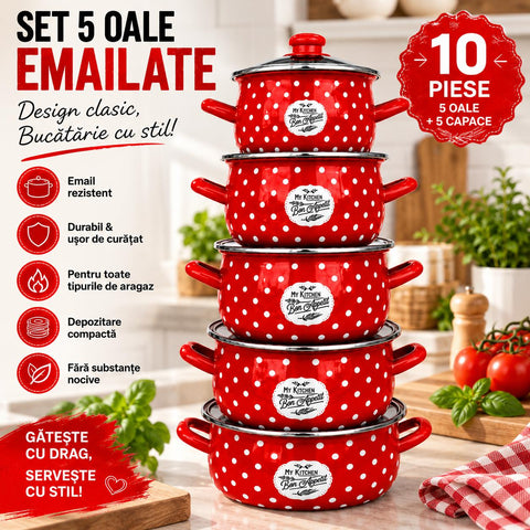 Set 5 oale emailate cu capac din sticla cantitate 2 l, 2,8 l, 3,8 l, 4,8 l, 6,2 l, Bon Apetit 782