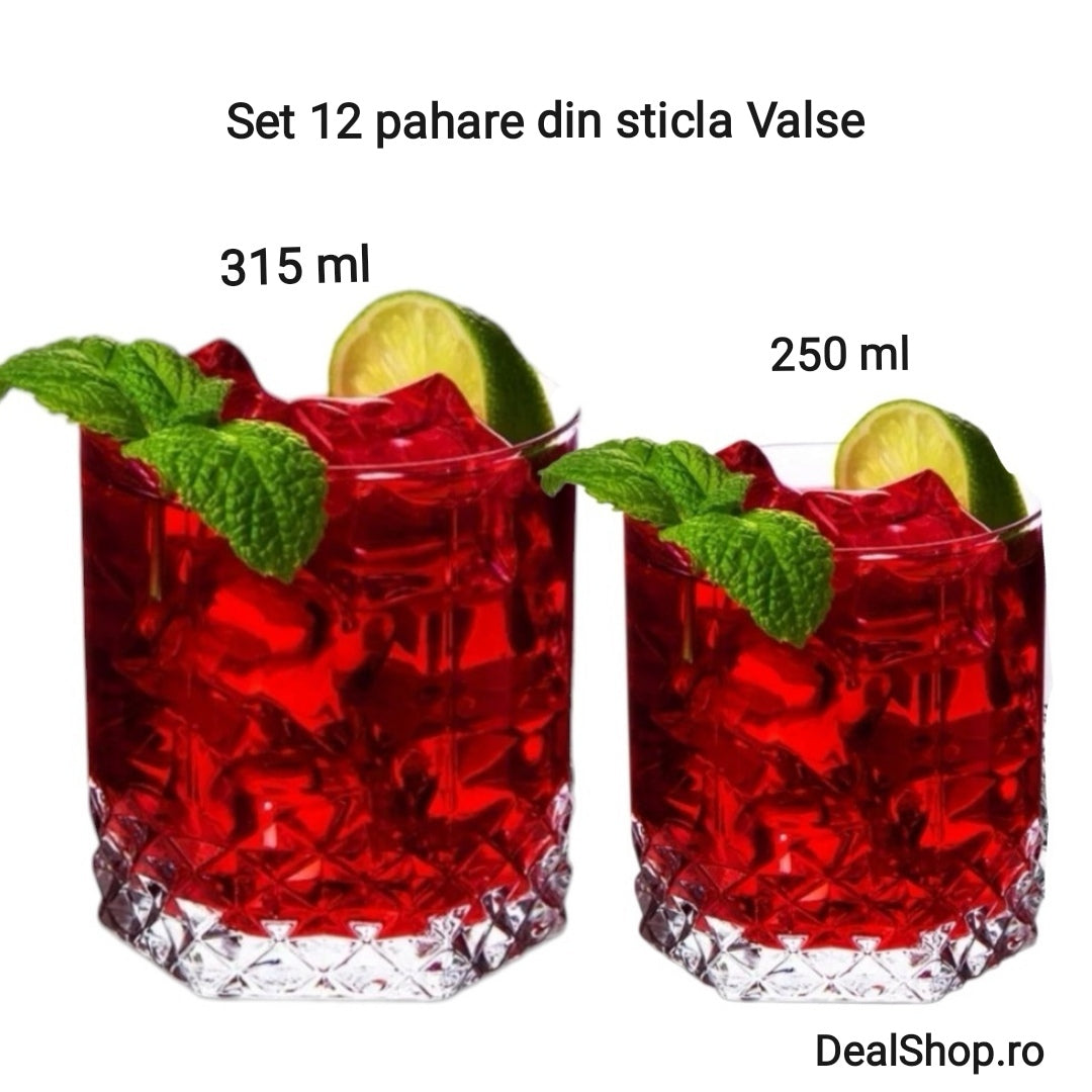Set 12 Pahare din Sticlă Valse  6x250 ml & 6x315 ml Design Elegant pentru Servire Versatilă