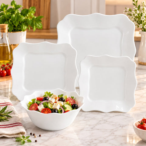 Serviciu de masa opal termorezistent 19 Piese Lacy-White – Farfurii Pătrate Albe pentru 6 persoane