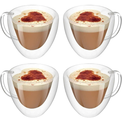 Set 4 cesti cafea Pereti Dubli Sticla Termorezistenta, Model Inima 180 ml coffee capucino latte espresso