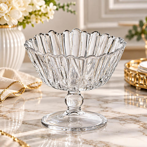 Bombonieră cu picior Pasabahce Aurora 14 cm din sticlă, bol pentru dulciuri, fructe și desert design elegant striat