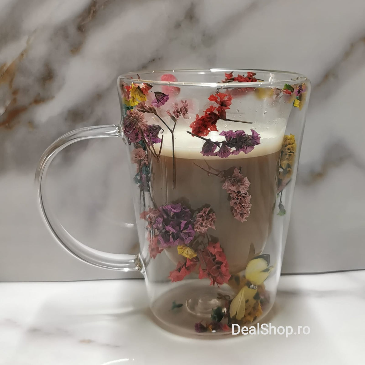 Set 12 Cani pentru Ceai Cafea Latte Machiato cu pereti dubli 320 ml, Model flori Uscate