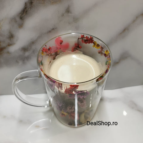 Set 12 Cani pentru Ceai Cafea Latte Machiato cu pereti dubli 320 ml, Model flori Uscate
