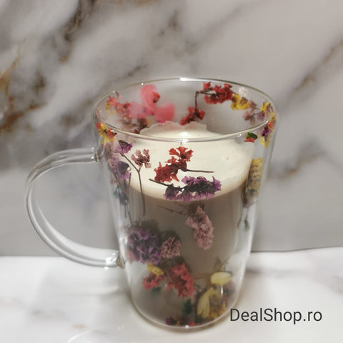 Set 12 Cani pentru Ceai Cafea Latte Machiato cu pereti dubli 320 ml, Model flori Uscate