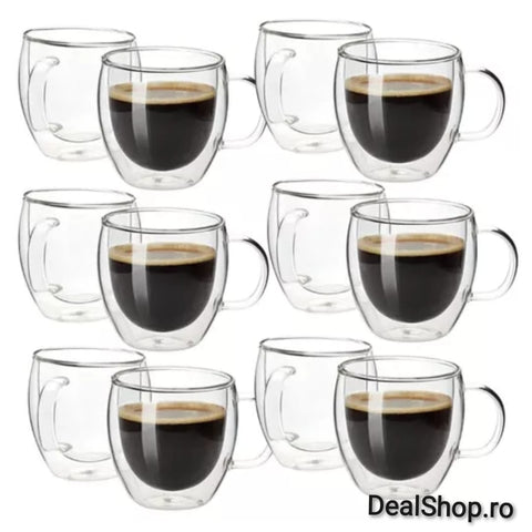 Set 12 cesti cafea cu pereti dubli din sticla termorezistenta 250 ml ideale pt terasa piscina