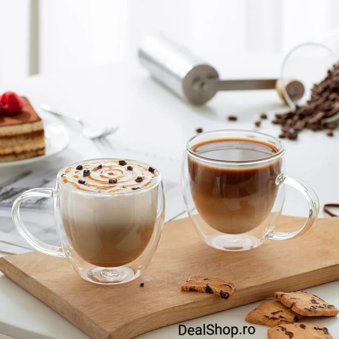 Set 12 cesti cafea cu pereti dubli din sticla termorezistenta 250 ml ideale pt terasa piscina