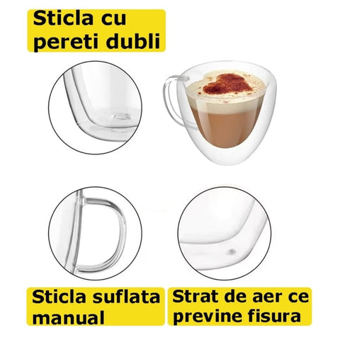 Set 4 cesti cafea Pereti Dubli Sticla Termorezistenta, Model Inima 180 ml coffee capucino latte espresso