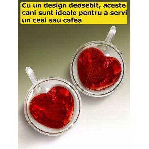 Set 4 cesti cafea Pereti Dubli Sticla Termorezistenta, Model Inima 180 ml coffee capucino latte espresso