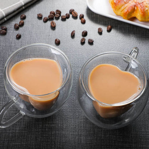 Set 12 cesti cafea pereti dubli Sticla termorezistenta Model inima 180 ml