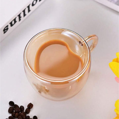 Set 12 cesti cafea pereti dubli Sticla termorezistenta Model inima 180 ml