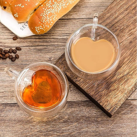 Set 6 cesti cafea Pereti Dubli Sticla Termorezistenta Model Inima, 180 ml Caffe Latte & Latte Macchiato