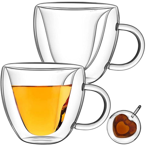 Set 6 cesti cafea Pereti Dubli Sticla Termorezistenta Model Inima, 180 ml Caffe Latte & Latte Macchiato