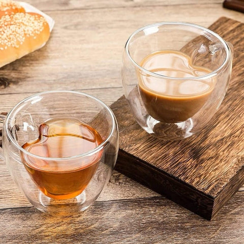 Set 12 cesti cafea pereti dubli Sticla termorezistenta Model inima 180 ml