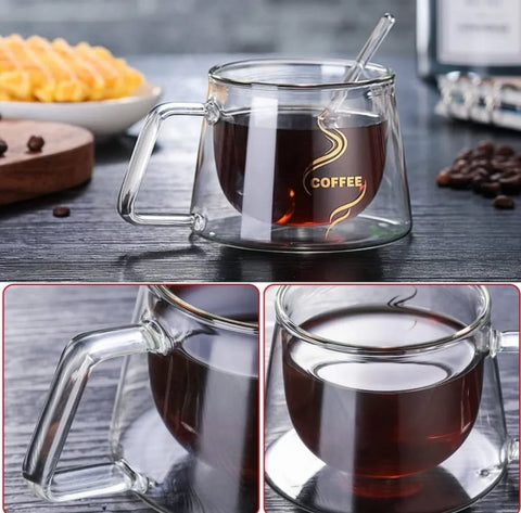 Set 12 cești de cafea cu pereti dubli sticla termorezistenta 200 ml mesaj COFFEE  Eleganta și Funcționalitate pentru Iubitorii de Cafea