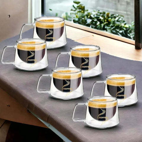 Set 12 cești de cafea cu pereti dubli sticla termorezistenta 200 ml mesaj COFFEE  Eleganta și Funcționalitate pentru Iubitorii de Cafea