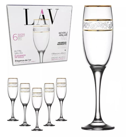 Set 24 pahare sampanie din sticla Lav Adora Gold 190 ml pt evenimente terasa piscina